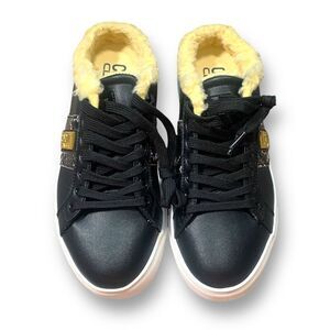 Cavalli Class Black Leather Faux Shearling Lined Mule Sneaker Gold Snakeskin